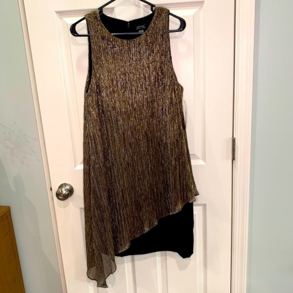 NWT Tahari dress gold‎ asymmetrical overlay sz 12